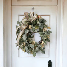 Load image into Gallery viewer, Neutral Fall Pumpkin Grapevine Wreath with Artificial Sage, Dusty Miller &amp; Striped Bow - 22x18 Inches - Elegant Farmhouse Decor