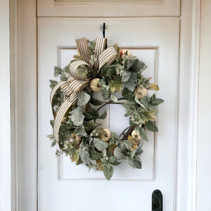 Neutral Fall Pumpkin Grapevine Wreath with Artificial Sage, Dusty Miller & Striped Bow - 22x18 Inches - Elegant Farmhouse Decor