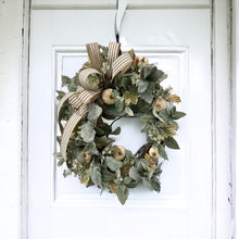 Load image into Gallery viewer, Neutral Fall Pumpkin Grapevine Wreath with Artificial Sage, Dusty Miller &amp; Striped Bow - 22x18 Inches - Elegant Farmhouse Decor