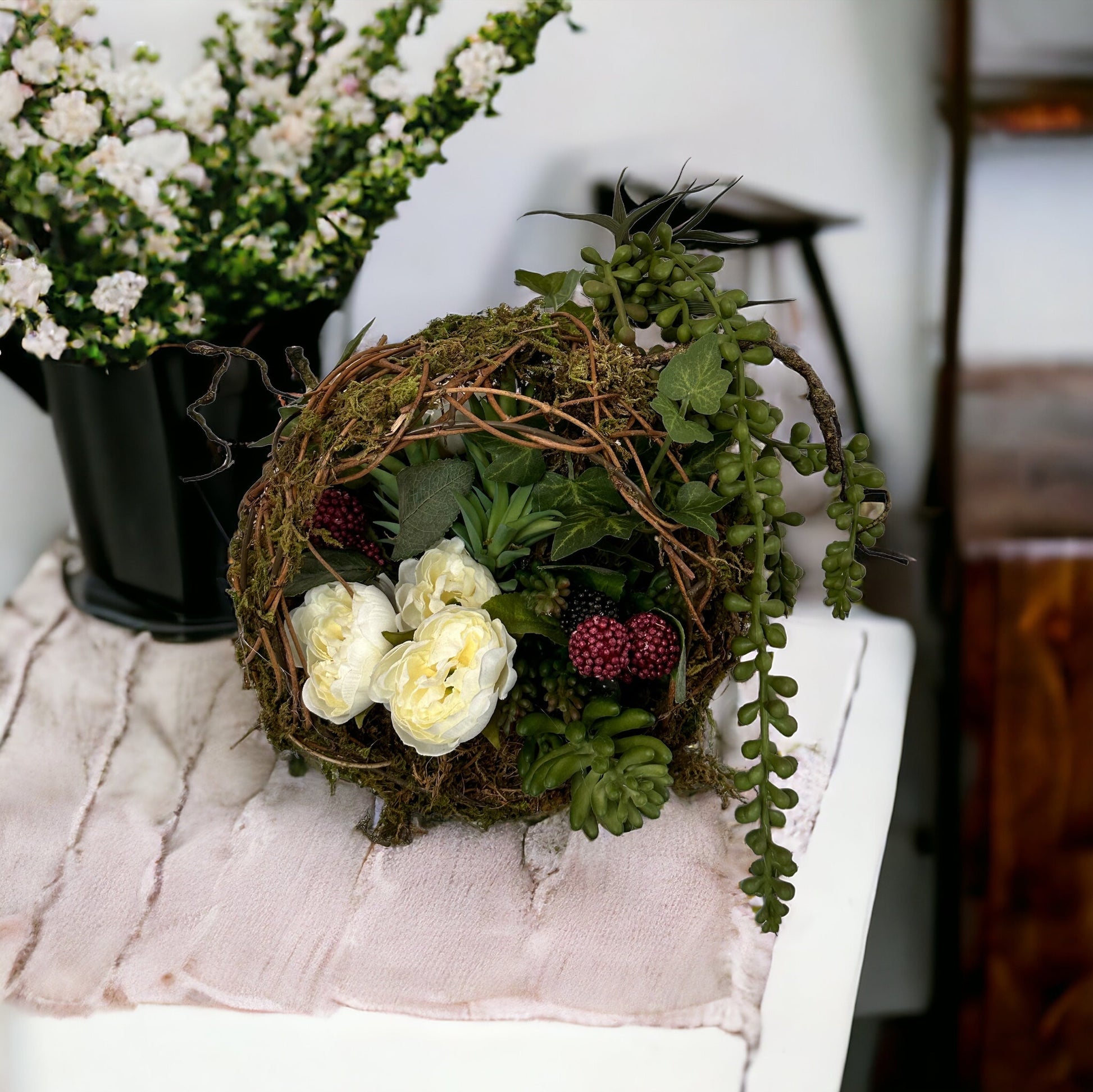 Earthy Minimalistic Floral Arrangement with Faux Succulents, Ranunculus, & Raspberry Sprays - 8x8in - TCT Crafts Designs TCT Crafts