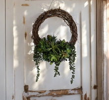 Load image into Gallery viewer, Faux Succulent Grapevine Wreath - 14x20 Earthy Home Decor, Lifelike Greenery, Handmade Plant Lover&#39;s Wreath, Small Gift for New Homeowner