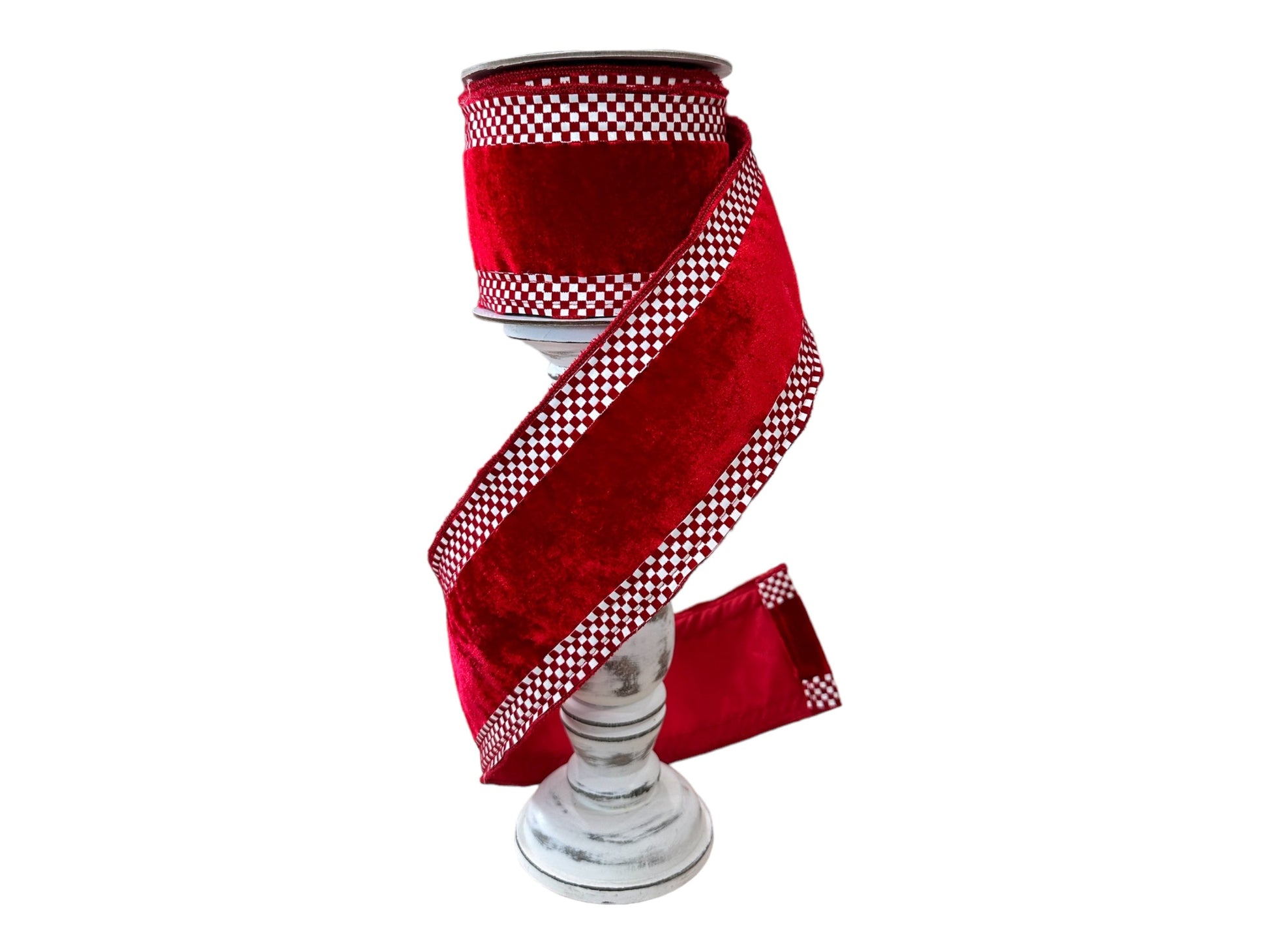 Luxurious Farrisilk 4" Red Velvet Ribbon with Mini Check Border | Premium Wired Holiday Craft Supply-RZ674-02 Farrisilk