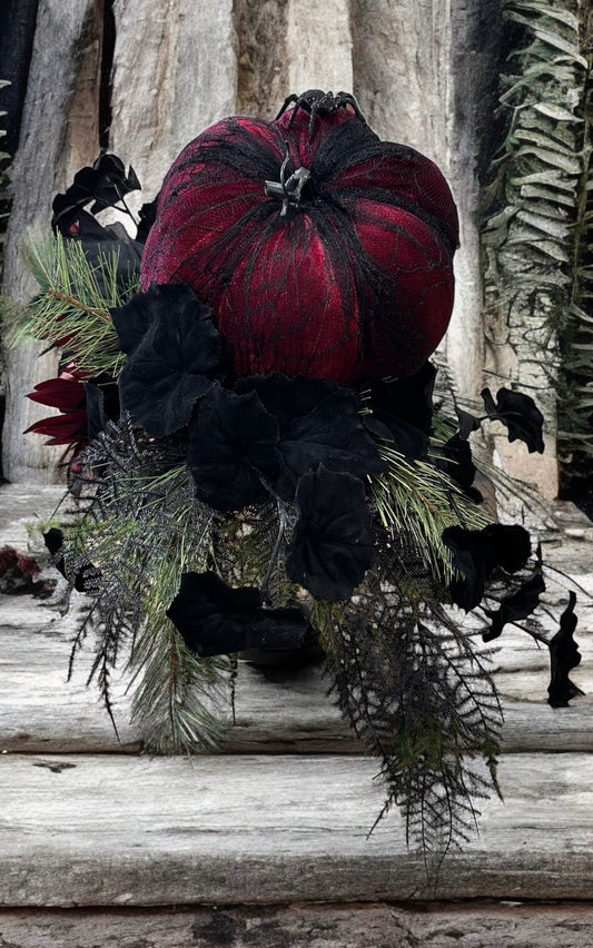 Glamorous Burgundy & Black Halloween Candlestick Arrangement - 18x14 Gothic Floral Centerpiece - Halloween Table Arrangement by TCT Crafts TCT Crafts