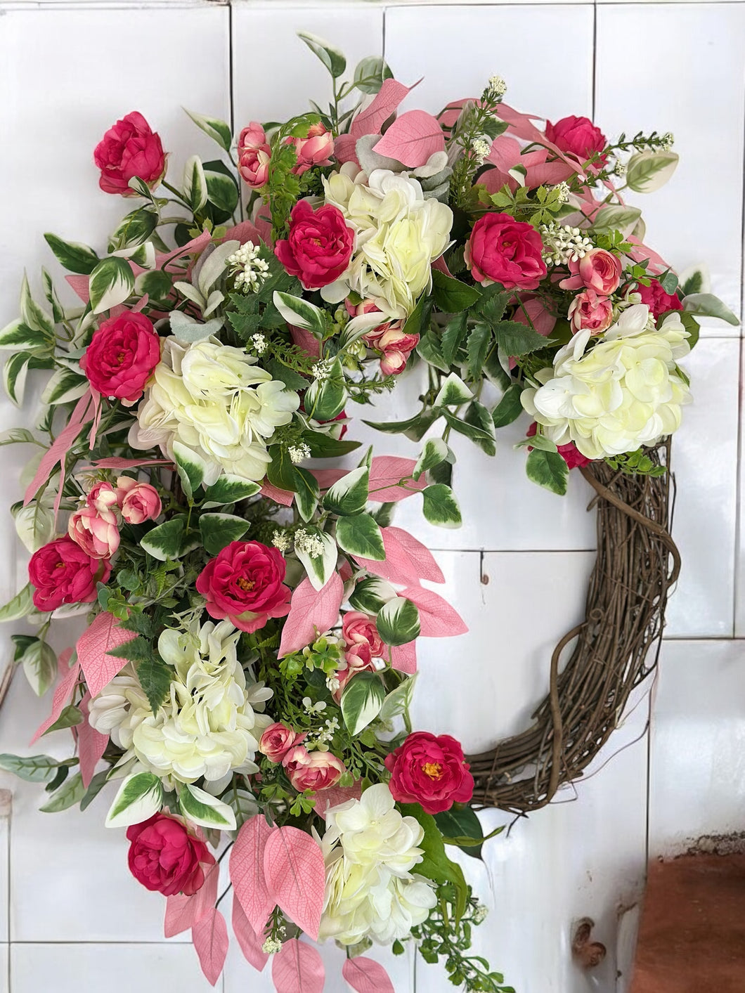 Spring Hydrangea, Rose & Ranunculus Grapevine Wreath - 28x18 Front Door Decor