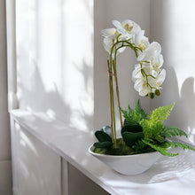 Load image into Gallery viewer, 20&quot; Artificial Phalaenopsis Orchid Arrangement | Faux White Orchid in Ceramic Bowl