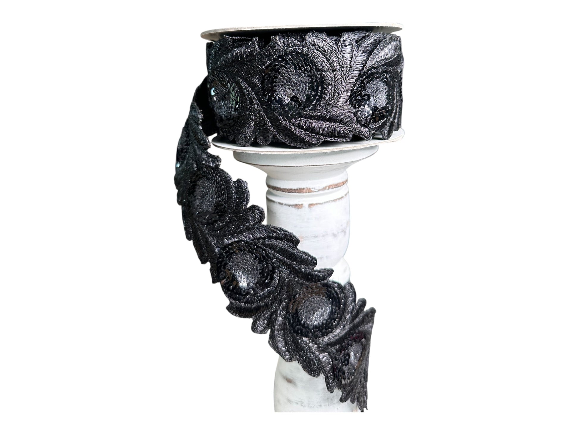 2.5" x 5YD Farrisilk Black Raven Quills Ribbon – Wired Designer Trim for Gothic & Halloween Decor-HR039-92 Farrisilk
