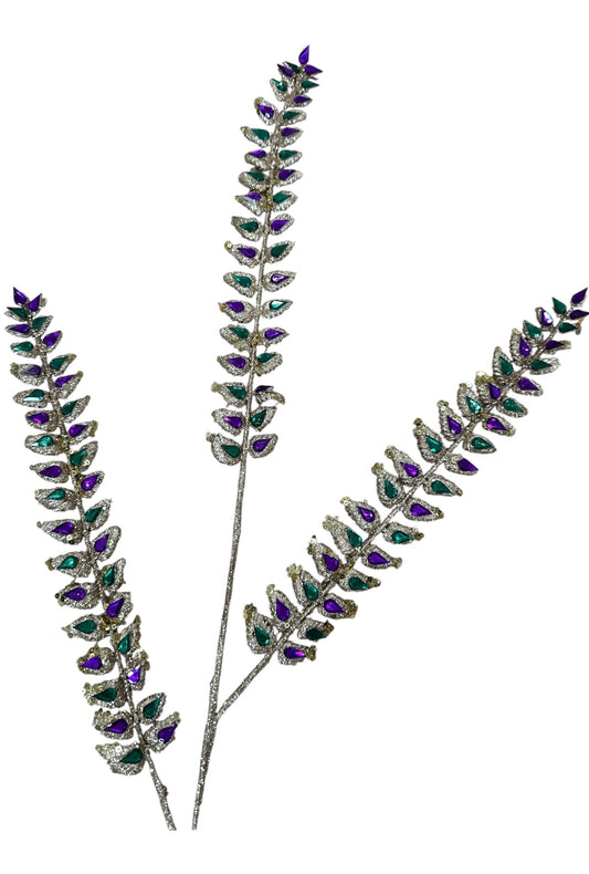 Mardi Gras Glitter Fern Spray – 34.5" Purple Green Gold Jewel Stem-HG3341 Craig Bachman