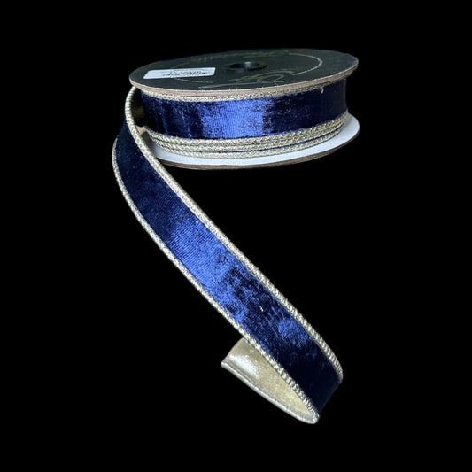 1"x10yd Farrisilk Navy Satin Velvet Wired Ribbon – Luxury Navy & Champagne Designer Ribbon-RK661-21 Farrisilk