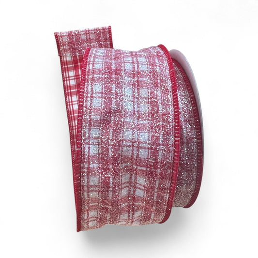 2.5"x10yd Red & White Sugar Plaid Glittered Wired Farrisilk Ribbon – Designer Christmas Ribbon-RA489-02 Farrisilk