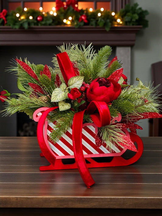 Red Christmas Sleigh Floral Arrangement | Holiday Peony Centerpiece TCT Crafts