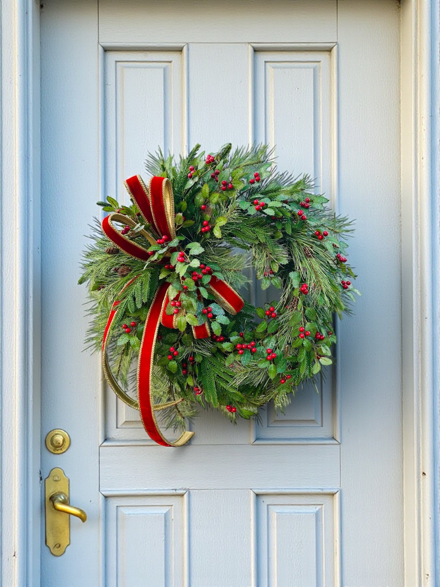 Christmas Pine Wreath with Red Velvet Bow