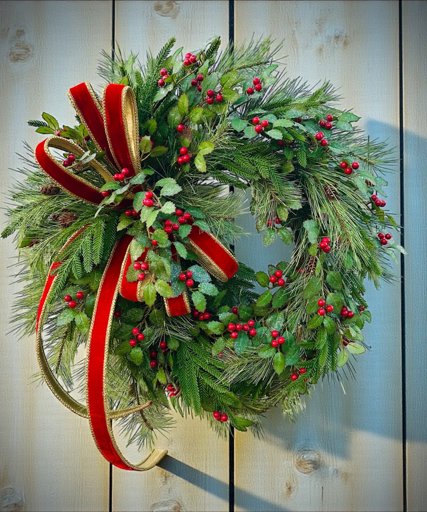 Christmas Pine Wreath with Red Velvet Bow
