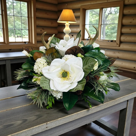 Rustic Magnolia & Antler Dough Bowl Centerpiece for Everyday and Winter Decor TCT Crafts