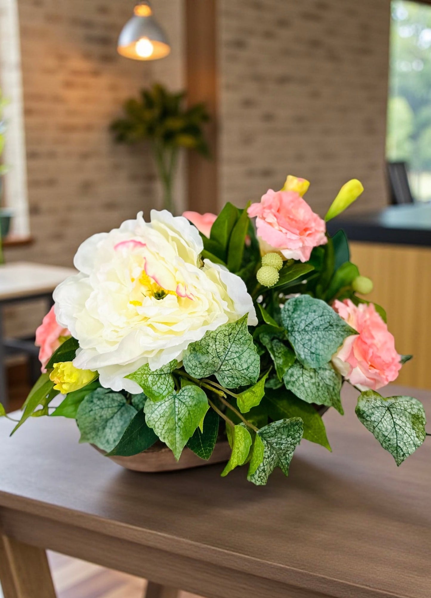 Small Spring Floral Arrangement in Wooden Dough Bowl TCT Crafts