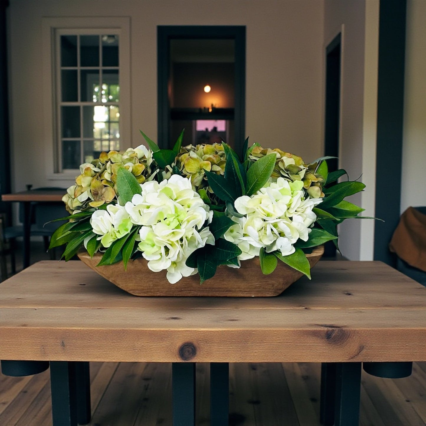 Everyday Hydrangea Centerpiece in Wooden Dough Bowl TCT Crafts