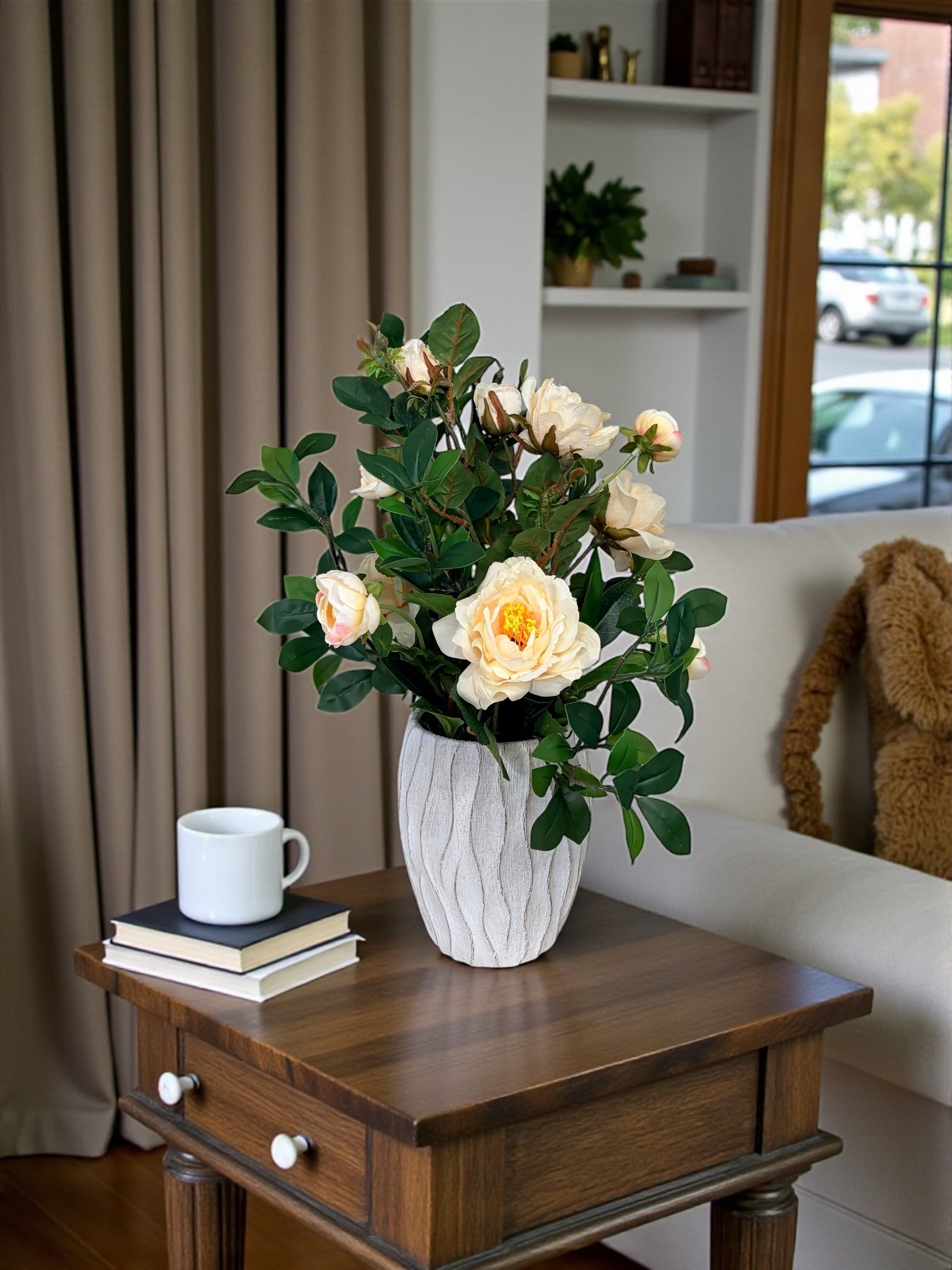 Artificial Cream Rose Arrangement in Cement Planter TCT Crafts