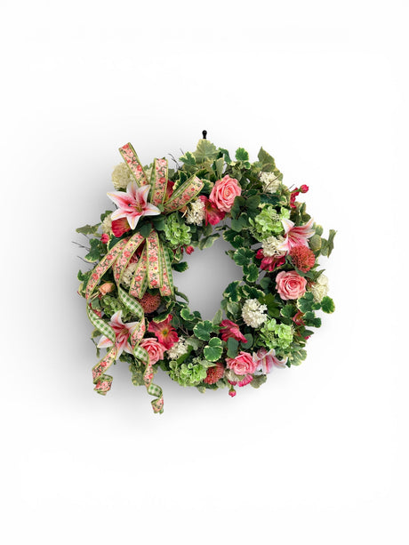 26 Inch Spring Geranium Grapevine Wreath with Roses & Hydrangeas TCT Crafts