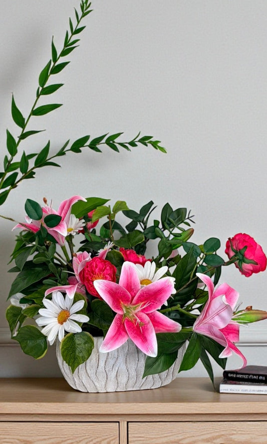 Spring Lily & Daisy Arrangement in Cement Planter TCT Crafts