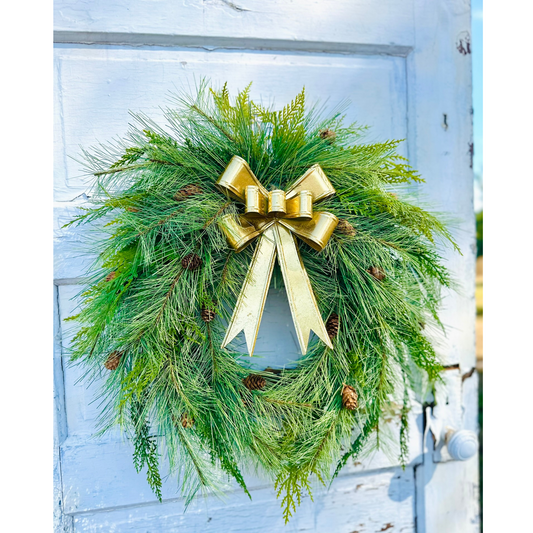 24" Pine Winter Holiday Wreath with Cedar & Gold Bow | Classic Christmas Door Decor TCT Crafts