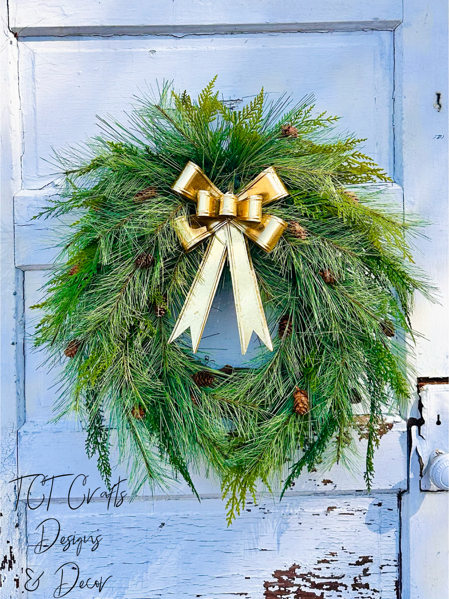 24" Pine Winter Holiday Wreath with Cedar & Gold Bow | Classic Christmas Door Decor TCT Crafts