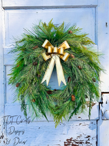 24" Pine Winter Holiday Wreath with Cedar & Gold Bow | Classic Christmas Door Decor TCT Crafts