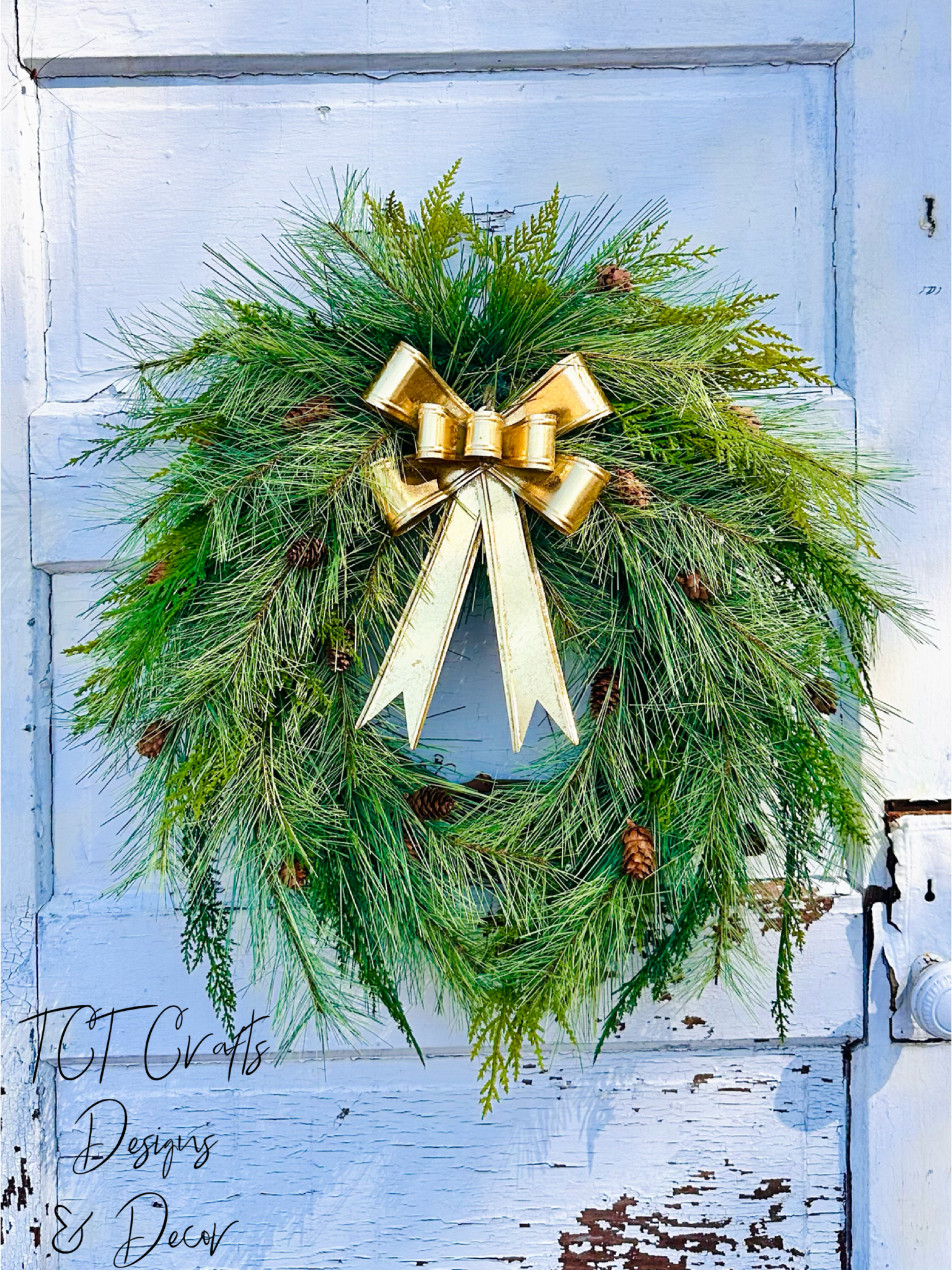 24" Pine Winter Holiday Wreath with Cedar & Gold Bow | Classic Christmas Door Decor TCT Crafts
