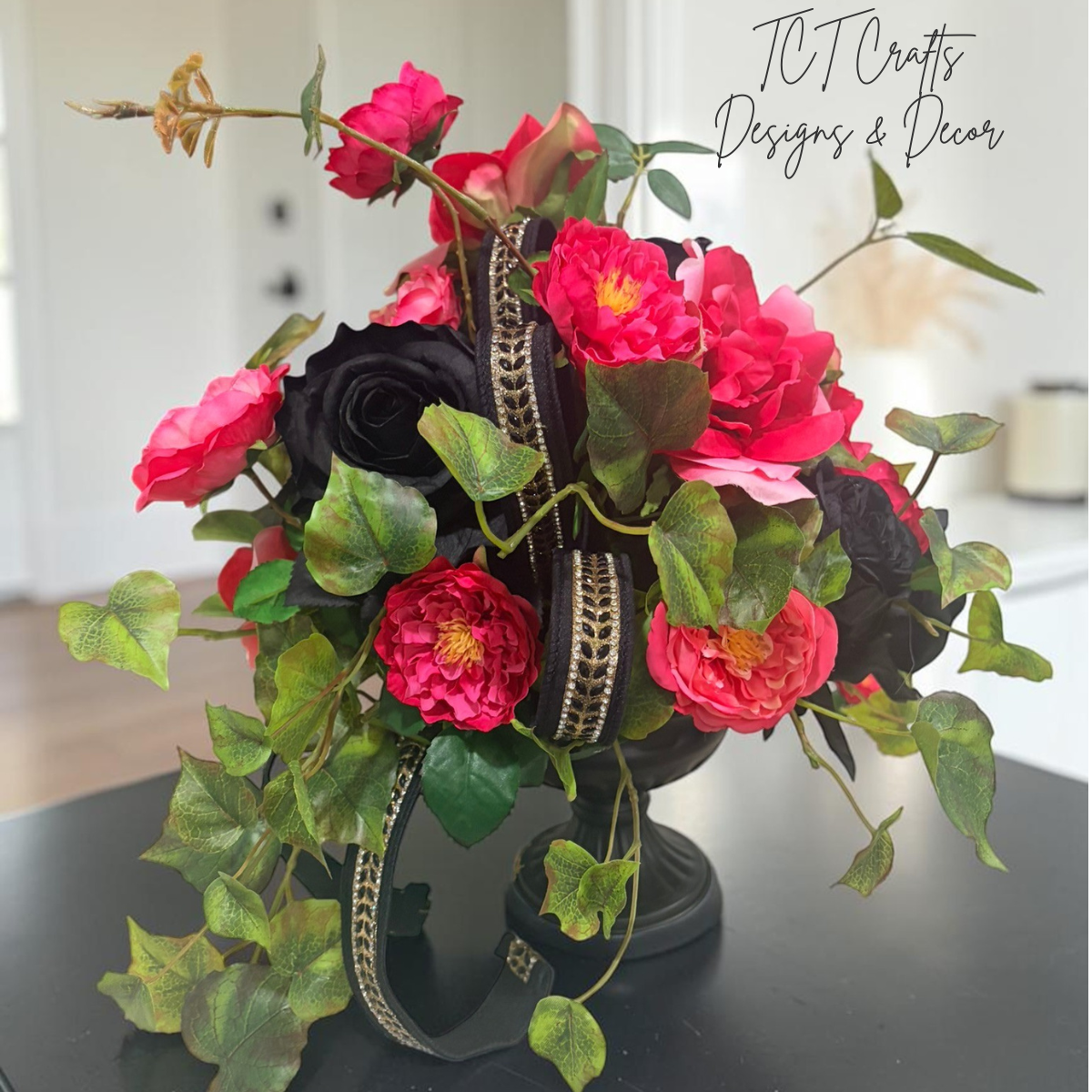Pink Black Rose Halloween Arrangement 16 Inch Decor TCT Crafts