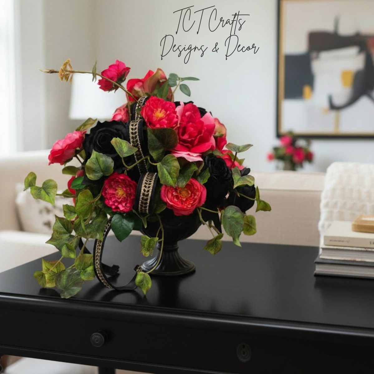 Pink Black Rose Halloween Arrangement 16 Inch Decor TCT Crafts
