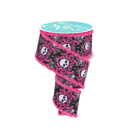 Skull Damask Ribbon 2.5"x10yd – Black Pink Wired Halloween Ribbon-RGC8245J6 Craig Bachman