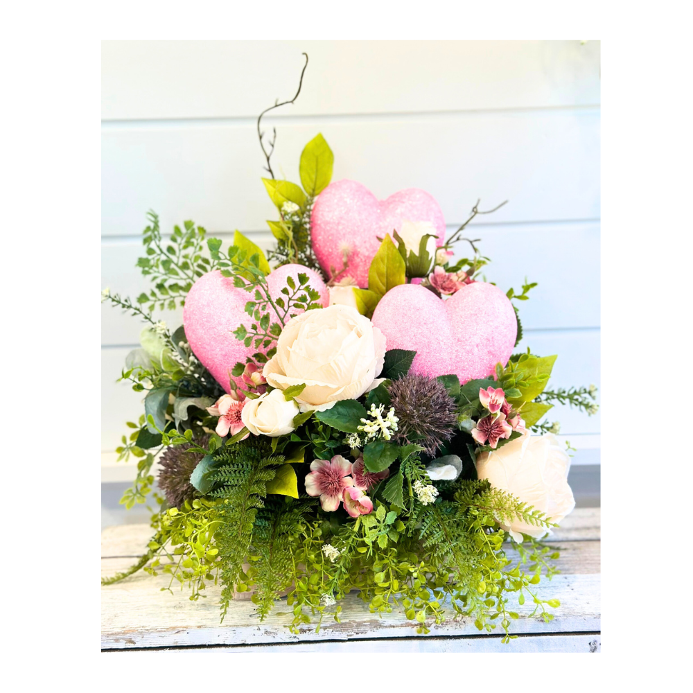 Valentine's Day Flowers - Pink Heart Centerpiece - Faux Rose and Wisteria Arrangement - Romantic Gift - Artificial Fern Decor - 19x16 Inches