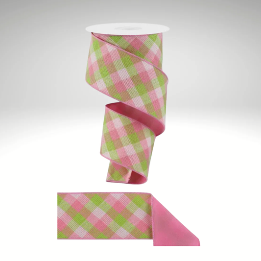 Pink Green Woven Check Ribbon 2.5x10yd Wired | Spring Craft Ribbon-RGX011315 Craig Bachman