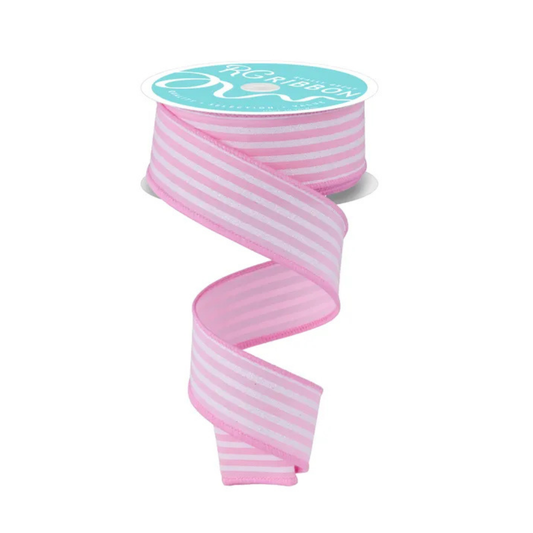 Light Pink White Glitter Stripe Wired Ribbon 1.5 Inch Spring Ribbon-RGF197415 TCTCrafts