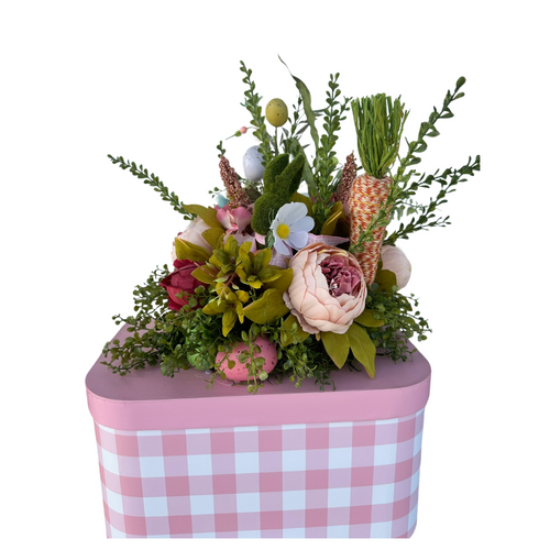 Large Pink/White Easter Centerpiece with Moss Bunny and Decorative Carrots - TCT Crafts Spring Seasonal Decor