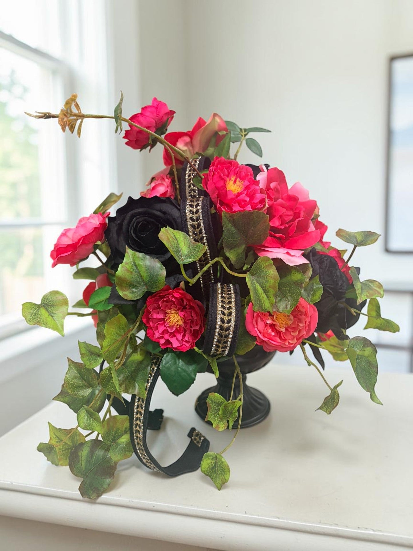Pink Black Rose Halloween Arrangement 16 Inch Decor TCT Crafts