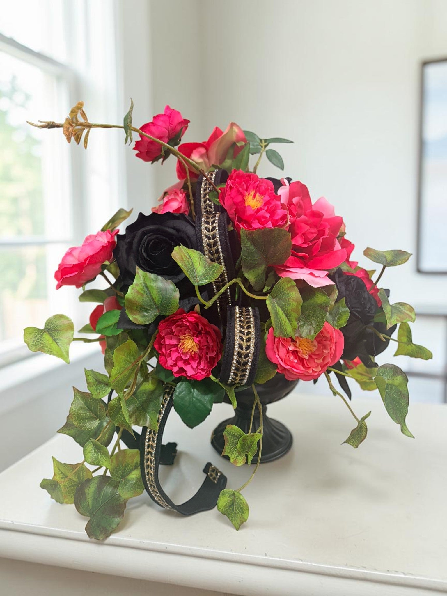 Pink Black Rose Halloween Arrangement 16 Inch Decor TCT Crafts
