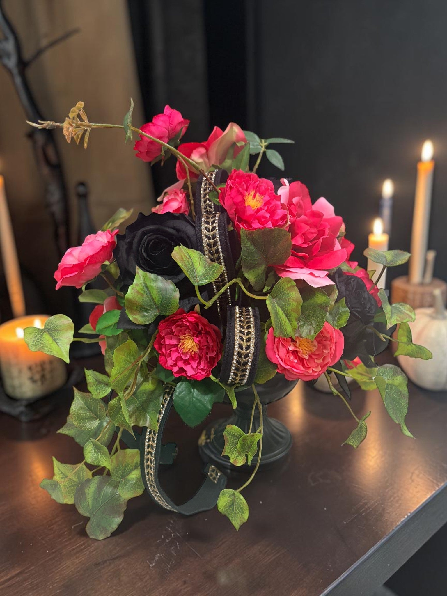 Pink Black Rose Halloween Arrangement 16 Inch Decor TCT Crafts