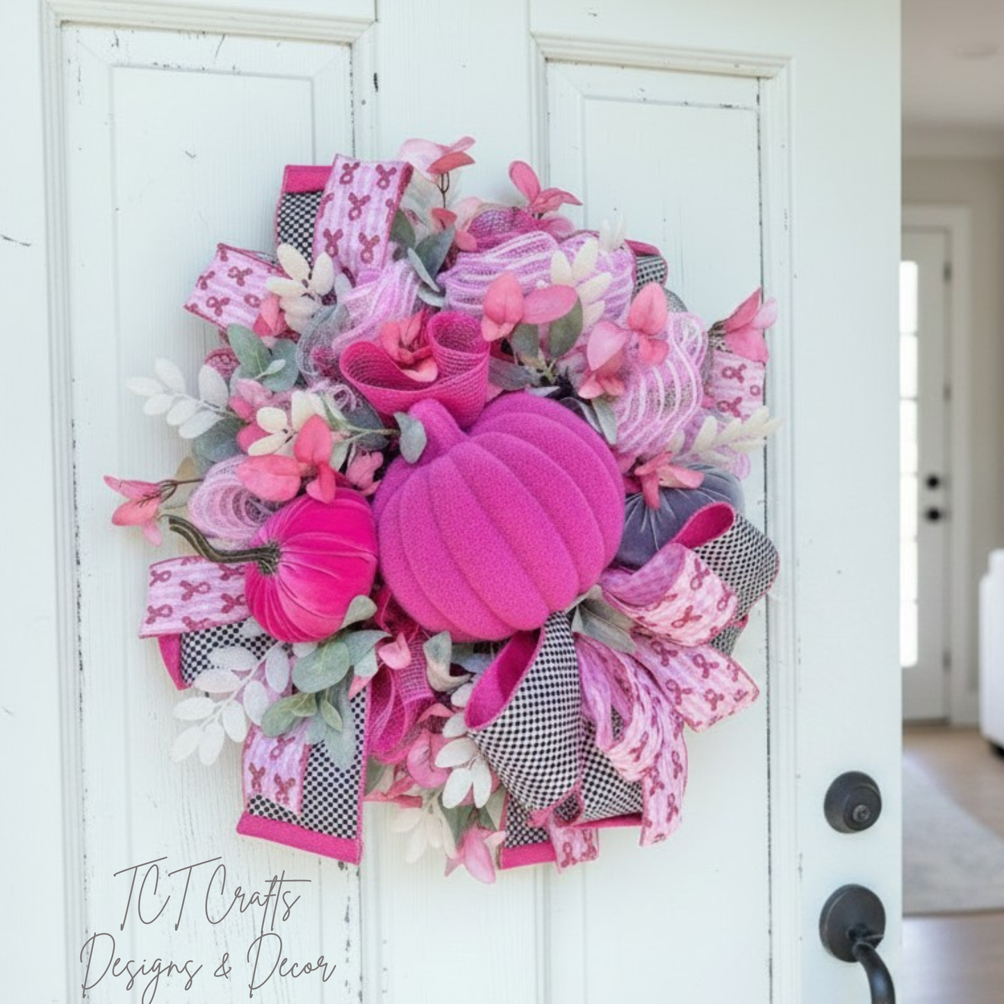 Breast Cancer Awareness Pink Pumpkin Wreath - Handcrafted Pink Ribbon Decor - Hope and Support-TCT1684 TCT Crafts