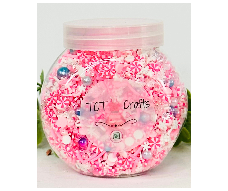 150g Pink Candyland Christmas Polymer Clay Sprinkle Mix - Pink Peppermints & White Snowflakes - Perfect for Fake Bakes, Clay Art, Slime - Festive, Joyful, and Enchanting TCTCrafts