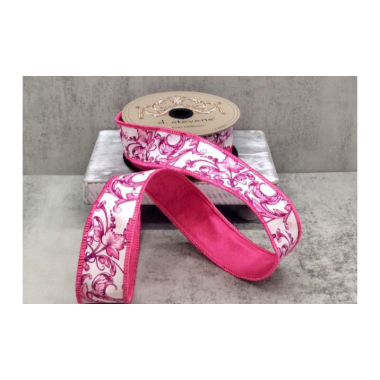 D. Stevens Pink Chinoiserie Wired Ribbon | 1.5 Inch Taffeta Scroll Ribbon-18-4475 D.Stevens