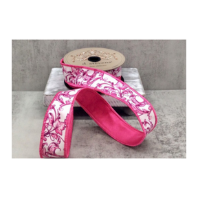 D. Stevens Pink Chinoiserie Wired Ribbon | 1.5 Inch Taffeta Scroll Ribbon-18-4475 D.Stevens