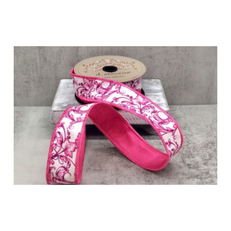 D. Stevens Pink Chinoiserie Wired Ribbon | 1.5 Inch Taffeta Scroll Ribbon-18-4475 D.Stevens
