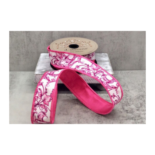 D. Stevens Pink Chinoiserie Wired Ribbon | 1.5 Inch Taffeta Scroll Ribbon-18-4475 D.Stevens
