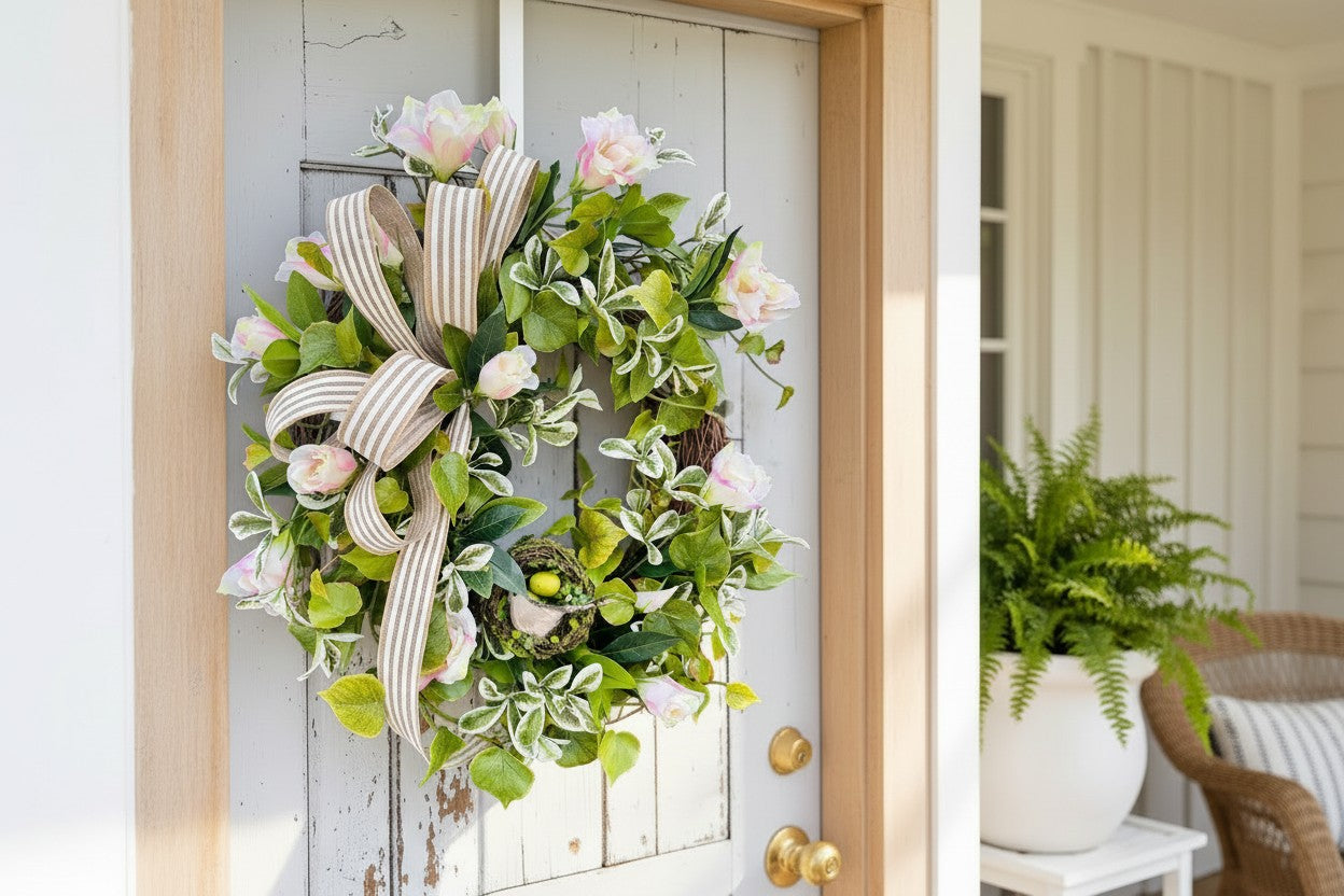Spring Greenery Wreath with Nest & Bird – Artificial Floral Grapevine Wreath TCT Crafts