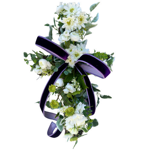 Easter Cross Wreath/Door Hanger with Purple Velvet Ribbon and Spring Flowers - 18
