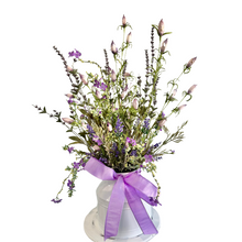 Load image into Gallery viewer, Faux Lavender &amp; Wildflower Milk Can Arrangement with Detachable Bow - Rustic Farmhouse Decor - Perfect Gift for Mother&#39;s Day - 26x18