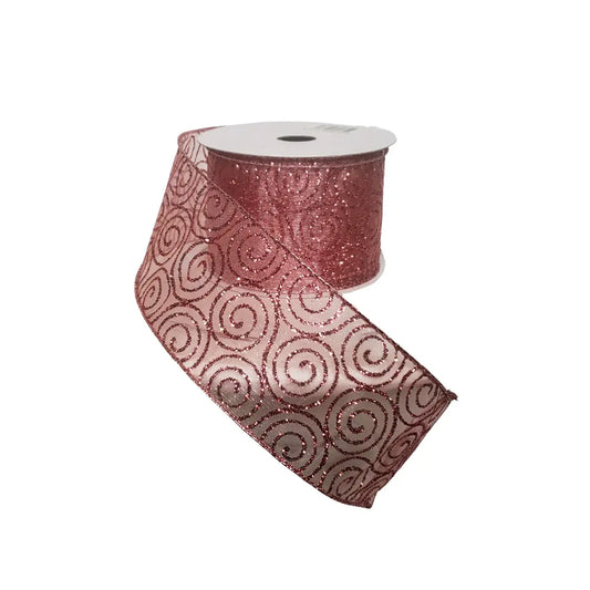 Q170096-Pink Glitter Swirl sheer wired ribbon Vickerman