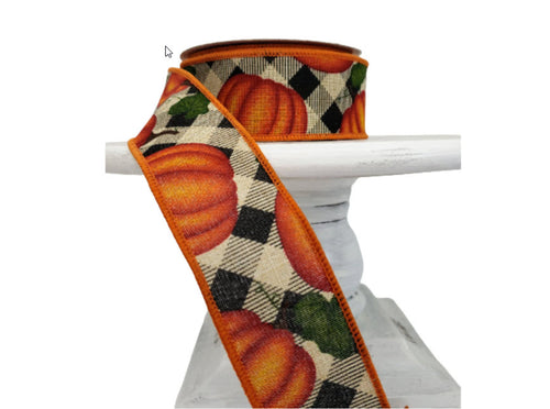 Pumpkin Check with Leaves-Natural/Orange/Yellow/Moss,Wired Fall Ribbon -R10209-18