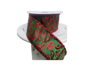 2.5"x10YD Bold Damask Red/Green Dupioni Tinsel Wired Christmas Ribbon