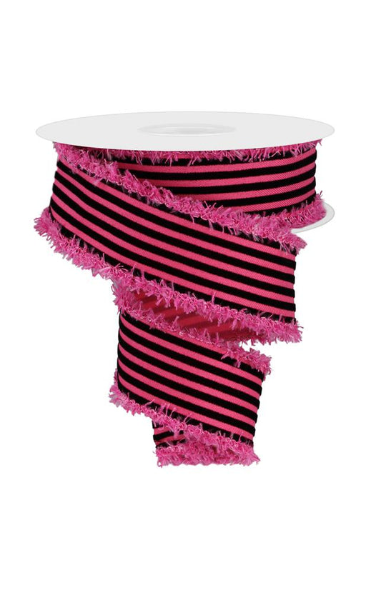 1.5"x10yd Hot Pink & Black Velvet Wired Ribbon – Vertical Stripes with Drift Edge for Crafts(RGA871811)