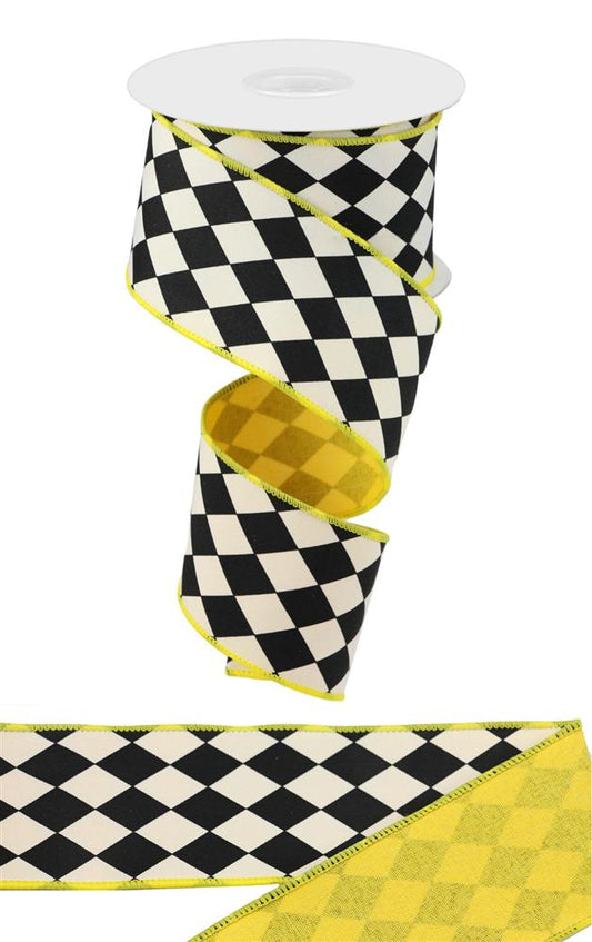 2.5" x 10yd Harlequin Yellow & Black Wired Ribbon-Royal Check Pattern for Crafts & Decor (RGX00118N)